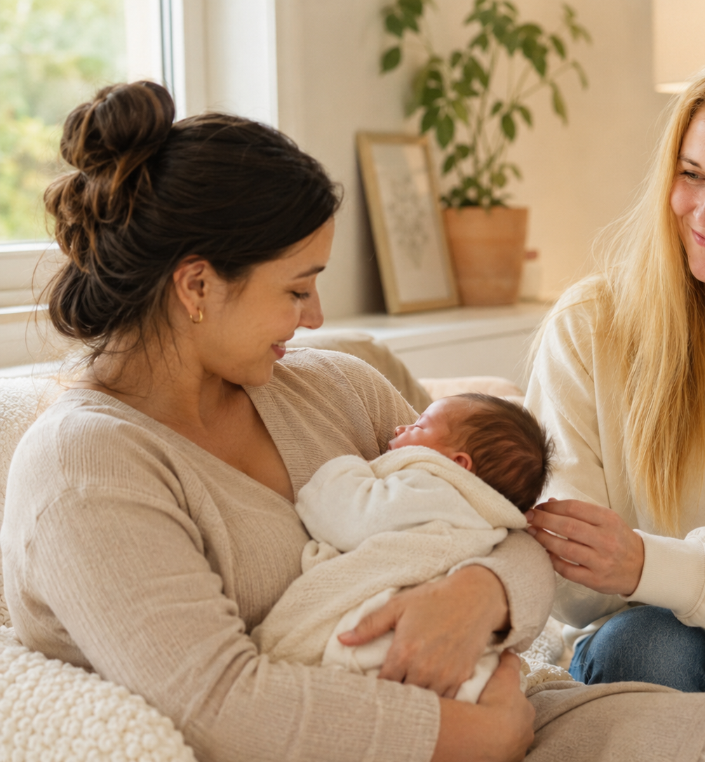 Vroedvrouw Amber tijdens een postnataal huisbezoek